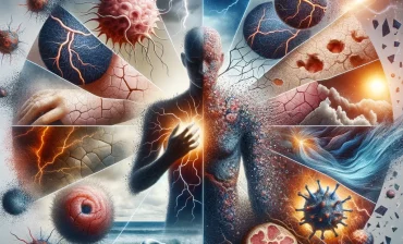 DALL·E 2024-03-11 15.19.12 - An image illustrating the concept of inner turmoil leading to skin conditions such as eczema, psoriasis, and shingles (zona). It should visually expre